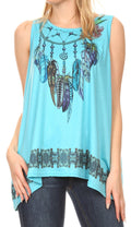 Sakkas Juliana Womens Summer Sleeveless Tank Top Printed Dashiki Jersey Knit#color_17304-Turquoise
