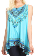 Sakkas Juliana Womens Summer Sleeveless Tank Top Printed Dashiki Jersey Knit#color_Turquoise