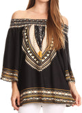 Sakkas Abelia Tribal Print Off-shoulder  3/4 Sleeve Top Blouse#color_Black