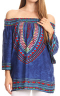Sakkas Abelia Tribal Print Off-shoulder  3/4 Sleeve Top Blouse#color_Blue