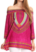 Sakkas Abelia Tribal Print Off-shoulder  3/4 Sleeve Top Blouse#color_Fuchsia