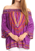 Sakkas Abelia Tribal Print Off-shoulder  3/4 Sleeve Top Blouse#color_Purple