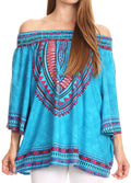 Sakkas Abelia Tribal Print Off-shoulder  3/4 Sleeve Top Blouse#color_Turquoise