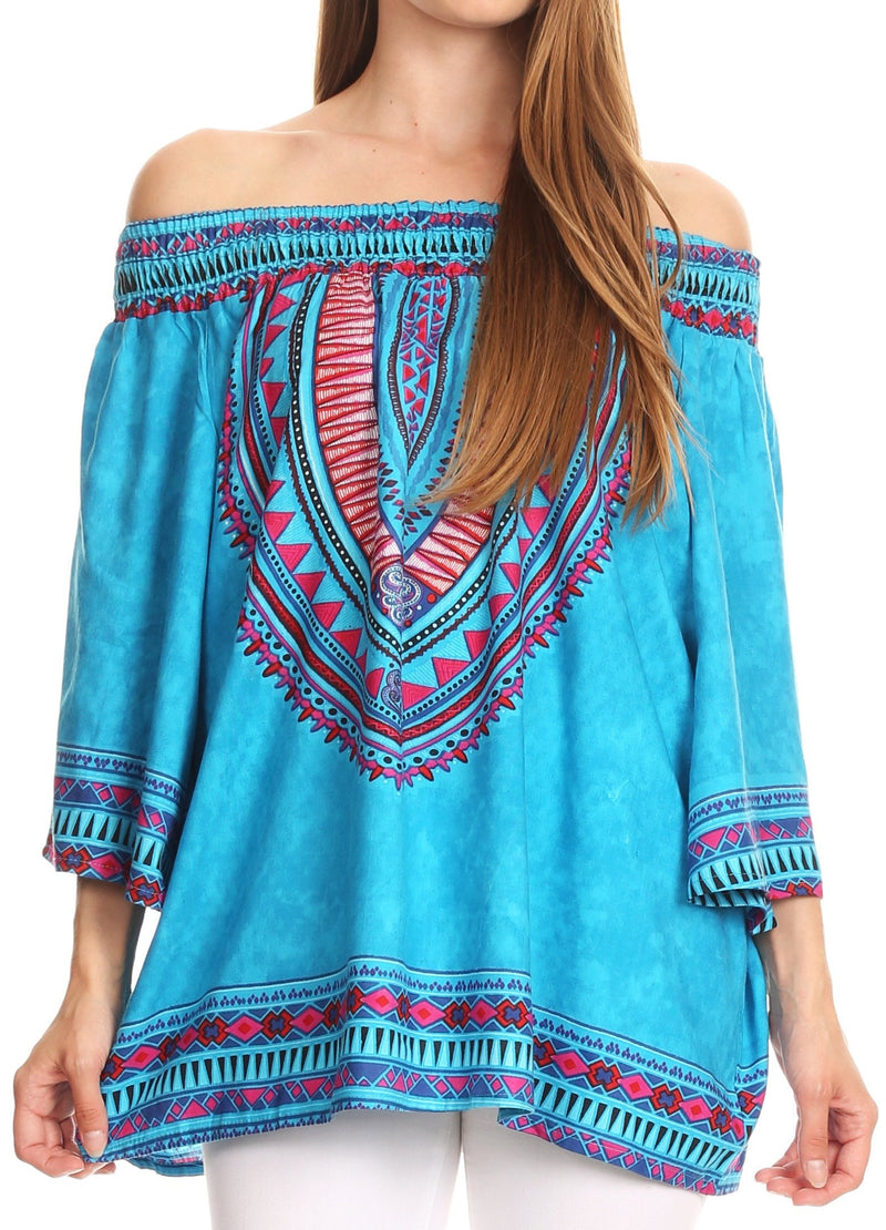 Sakkas Abelia Tribal Print Off-shoulder  3/4 Sleeve Top Blouse