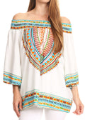 Sakkas Abelia Tribal Print Off-shoulder  3/4 Sleeve Top Blouse#color_White