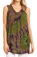 Sakkas Sana Tie Dye Sleeveless Embroidered V-Neck Tank Tunic Top Blouse / Cover Up#color_Olive