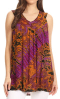 Sakkas Sana Tie Dye Sleeveless Embroidered V-Neck Tank Tunic Top Blouse / Cover Up#color_Purple
