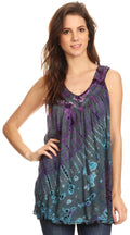 Sakkas Sana Tie Dye Sleeveless Embroidered V-Neck Tank Tunic Top Blouse / Cover Up#color_Teal