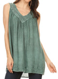 Sakkas Maissa  Sleeveless V-neck Tank Top  with Crochet Trim and Embroidery#color_SeaGreen