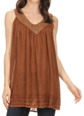 Sakkas Maissa  Sleeveless V-neck Tank Top  with Crochet Trim and Embroidery#color_Brown