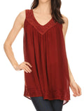 Sakkas Maissa  Sleeveless V-neck Tank Top  with Crochet Trim and Embroidery#color_Rust