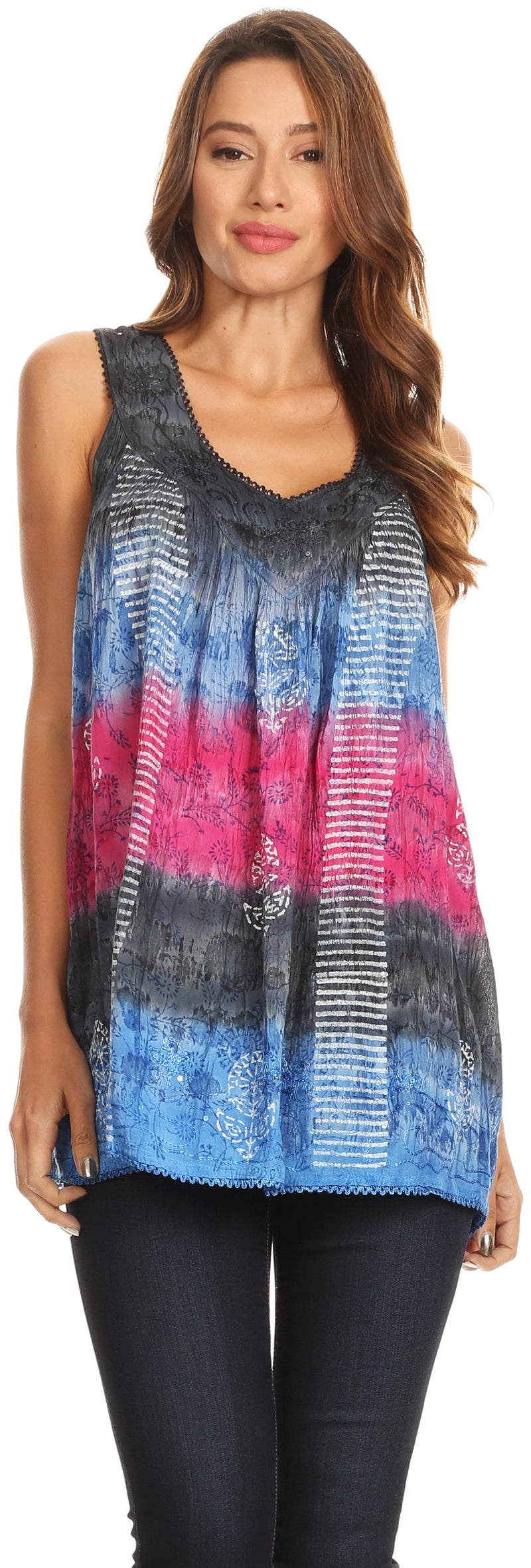 Sakkas Renee Dip Dye Floral Print Tank with Sequins and Embroidery