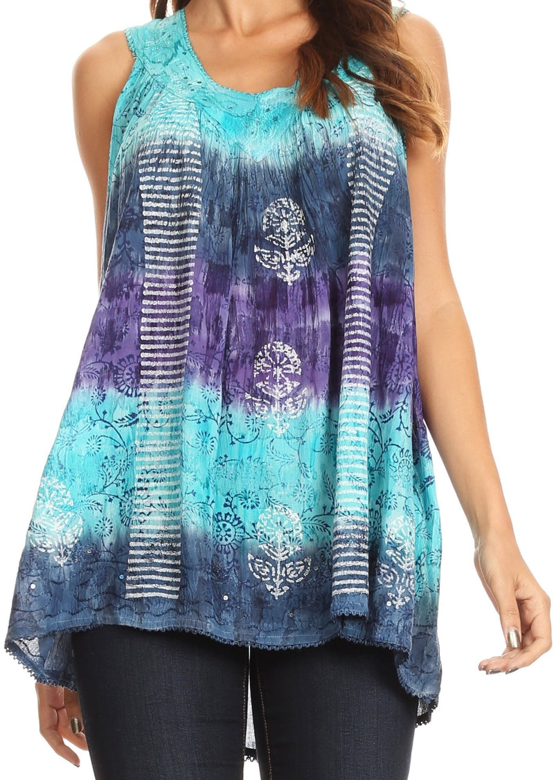 Sakkas Renee Dip Dye Floral Print Tank with Sequins and Embroidery