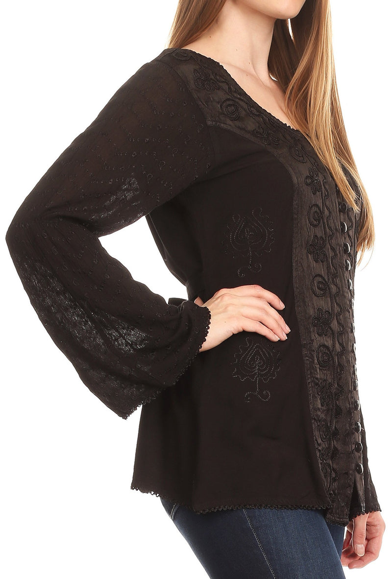 Sakkas Soraya Embroidered Eyelet Button Down Blouse Top with Long Sleeves and Ties