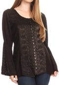 Sakkas Soraya Embroidered Eyelet Button Down Blouse Top with Long Sleeves and Ties#color_Black