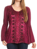 Sakkas Soraya Embroidered Eyelet Button Down Blouse Top with Long Sleeves and Ties#color_Fuchsia