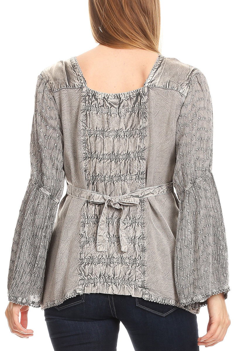 Sakkas Soraya Embroidered Eyelet Button Down Blouse Top with Long Sleeves and Ties