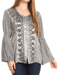 Sakkas Soraya Embroidered Eyelet Button Down Blouse Top with Long Sleeves and Ties#color_Grey