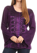 Sakkas Soraya Embroidered Eyelet Button Down Blouse Top with Long Sleeves and Ties#color_Purple