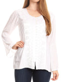 Sakkas Soraya Embroidered Eyelet Button Down Blouse Top with Long Sleeves and Ties#color_White