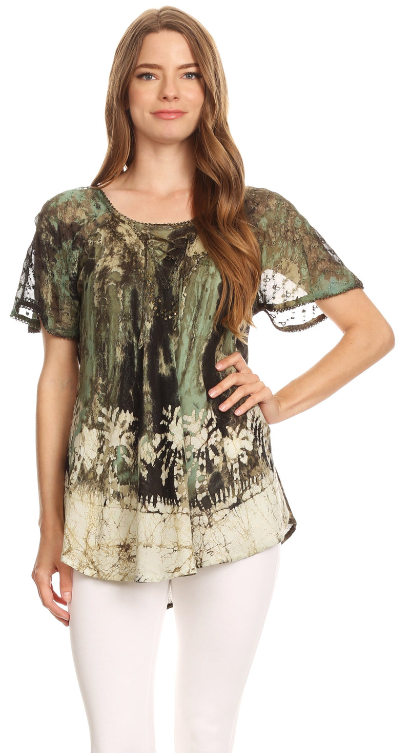 Sakkas Celia Marble Batik Short Sleeve Blouse/Top with Embroidery and Crochet