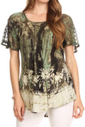 Sakkas Celia Marble Batik Short Sleeve Blouse/Top with Embroidery and Crochet#color_Green