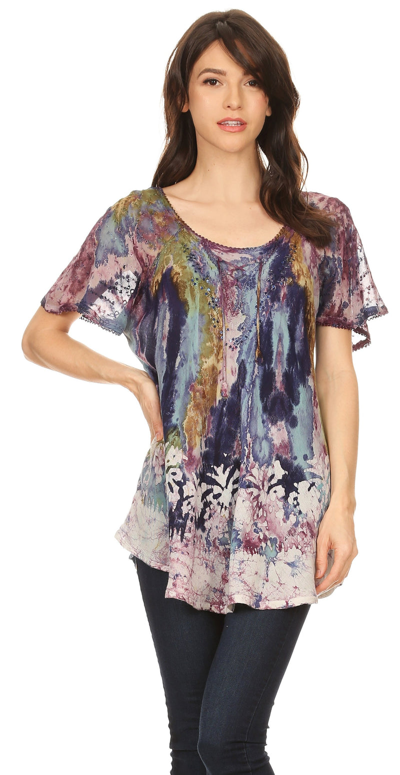 Sakkas Celia Marble Batik Short Sleeve Blouse/Top with Embroidery and Crochet