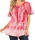 Sakkas Celia Marble Batik Short Sleeve Blouse/Top with Embroidery and Crochet#color_Pink