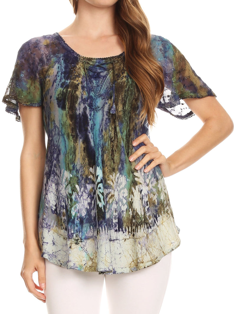 Sakkas Celia Marble Batik Short Sleeve Blouse/Top with Embroidery and Crochet