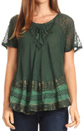 Sakkas Diane Short Sleeve Slim Top Blouse with Sequin Embroidery & Golden Print#color_ForestGreen