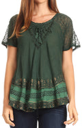 Sakkas Diane Short Sleeve Slim Top Blouse with Sequin Embroidery & Golden Print#color_ForestGreen