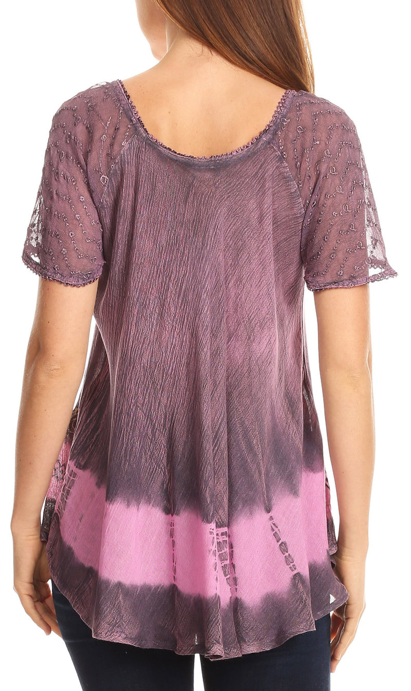 Sakkas Diane Short Sleeve Slim Top Blouse with Sequin Embroidery & Golden Print
