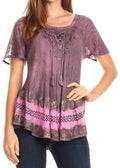 Sakkas Diane Short Sleeve Slim Top Blouse with Sequin Embroidery & Golden Print#color_Fuchsia