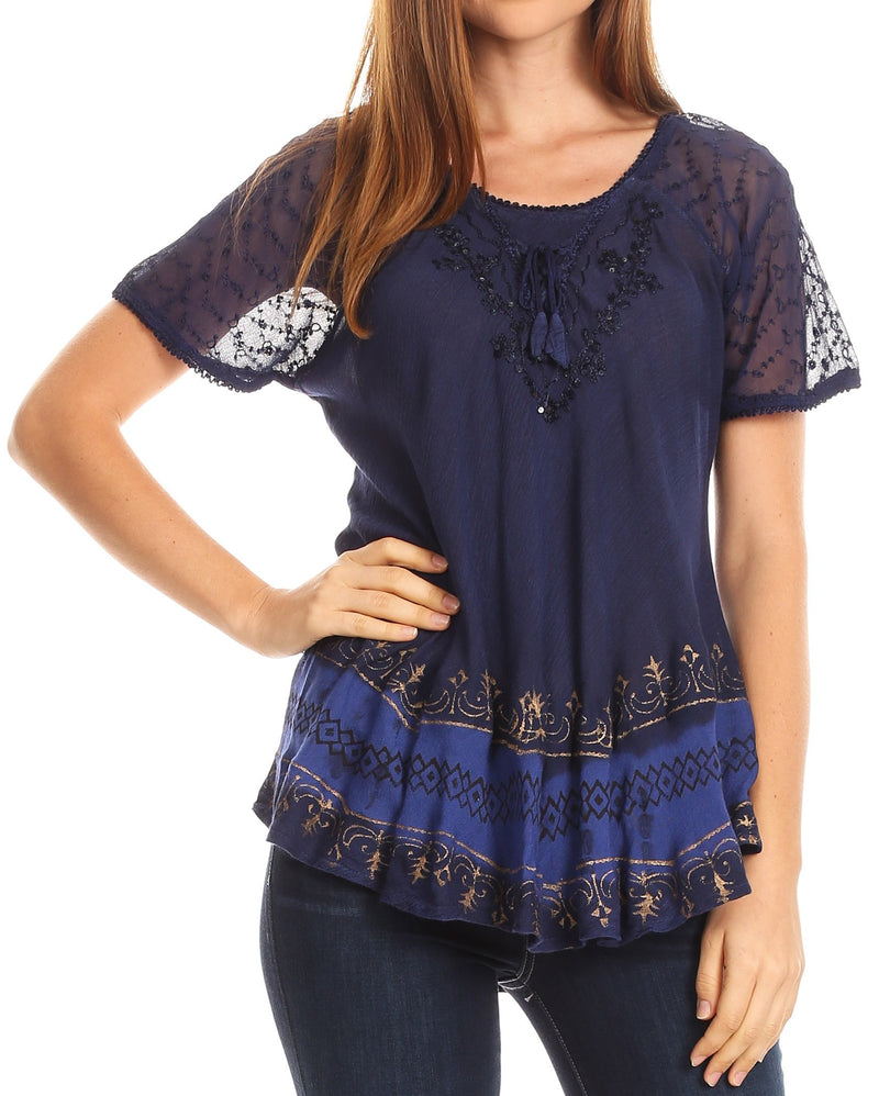 Sakkas Diane Short Sleeve Slim Top Blouse with Sequin Embroidery & Golden Print