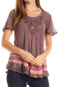 Sakkas Diane Short Sleeve Slim Top Blouse with Sequin Embroidery & Golden Print#color_Rose