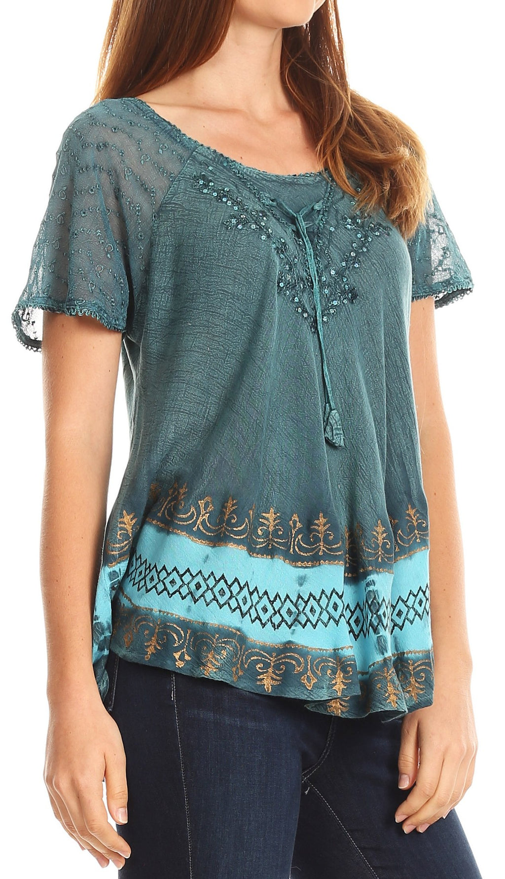 Sakkas Diane Short Sleeve Slim Top Blouse with Sequin Embroidery & Gol