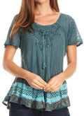 Sakkas Diane Short Sleeve Slim Top Blouse with Sequin Embroidery & Golden Print#color_Teal
