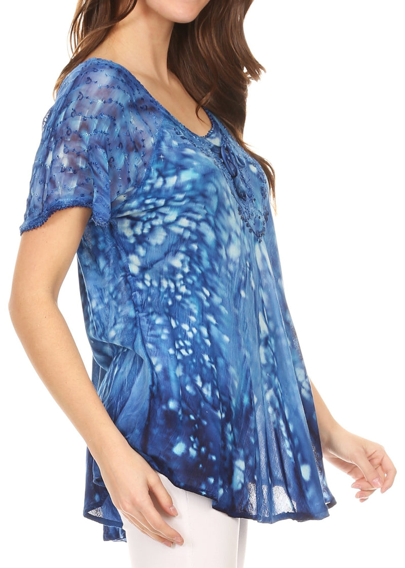 Sakkas Mira Tie Dye Two Tone Sheer Cap Sleeve Relaxed Fit Embellished Tunic Top