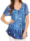 Sakkas Mira Tie Dye Two Tone Sheer Cap Sleeve Relaxed Fit Embellished Tunic Top#color_1-Blue 