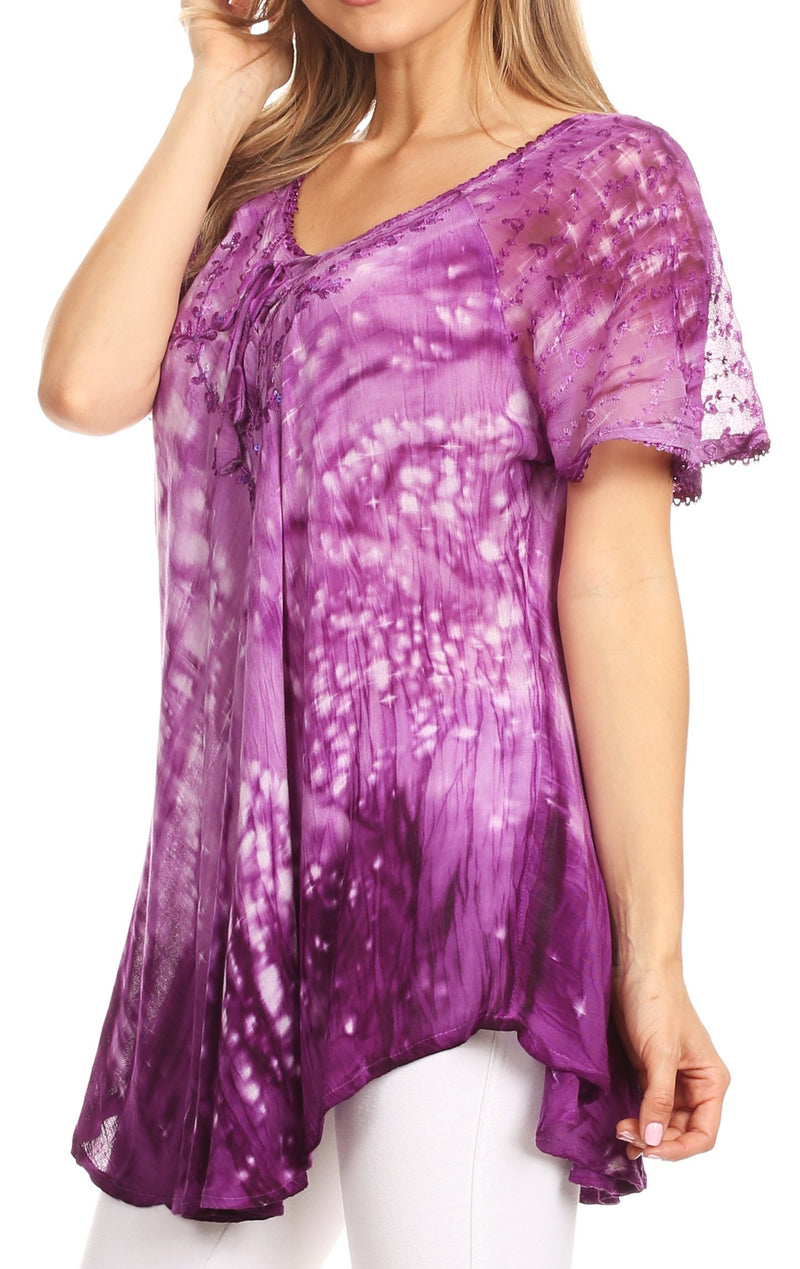 Sakkas Mira Tie Dye Two Tone Sheer Cap Sleeve Relaxed Fit Embellished Tunic Top