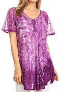 Sakkas Mira Tie Dye Two Tone Sheer Cap Sleeve Relaxed Fit Embellished Tunic Top#color_2-Purple 
