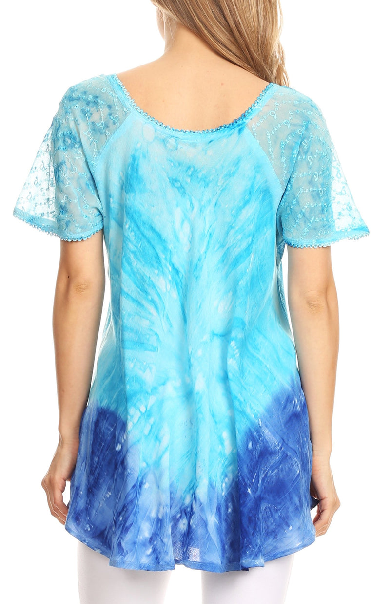 Sakkas Mira Tie Dye Two Tone Sheer Cap Sleeve Relaxed Fit Embellished Tunic Top