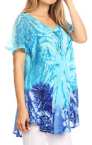Sakkas Mira Tie Dye Two Tone Sheer Cap Sleeve Relaxed Fit Embellished Tunic Top
