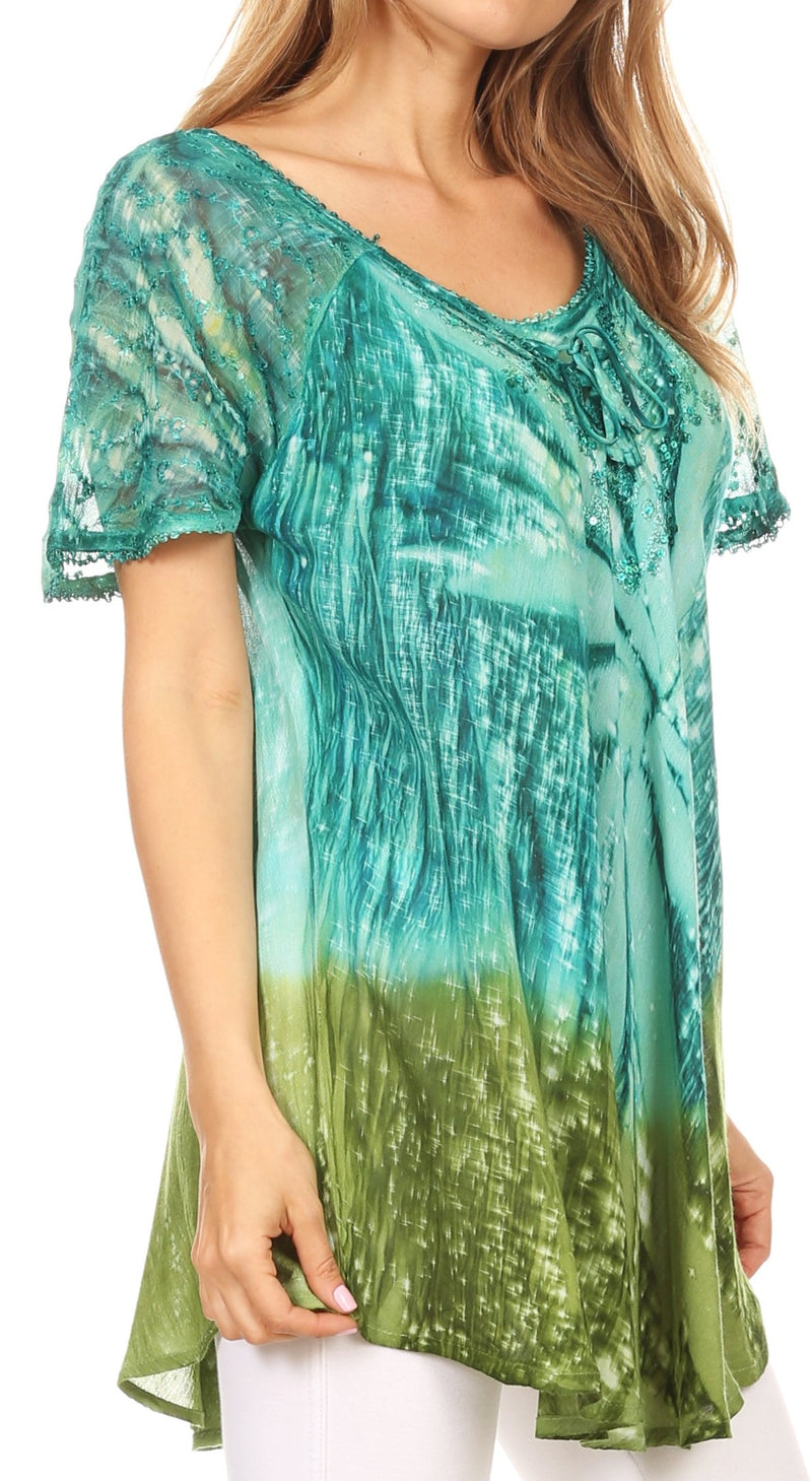 Sakkas Mira Tie Dye Two Tone Sheer Cap Sleeve Relaxed Fit Embellished Tunic Top