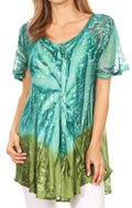 Sakkas Mira Tie Dye Two Tone Sheer Cap Sleeve Relaxed Fit Embellished Tunic Top#color_6-Aqua 
