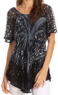 Sakkas Mira Tie Dye Two Tone Sheer Cap Sleeve Relaxed Fit Embellished Tunic Top#color_8-Grey 