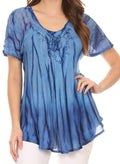 Sakkas Siri Ombre Tie Dye Embroidered Sheer Cap Sleeve Relaxed Fit Tunic Top#color_1-Blue