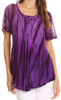 Sakkas Siri Ombre Tie Dye Embroidered Sheer Cap Sleeve Relaxed Fit Tunic Top#color_2-Purple