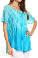 Sakkas Siri Ombre Tie Dye Embroidered Sheer Cap Sleeve Relaxed Fit Tunic Top