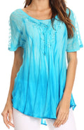 Sakkas Siri Ombre Tie Dye Embroidered Sheer Cap Sleeve Relaxed Fit Tunic Top#color_3-Turquoise